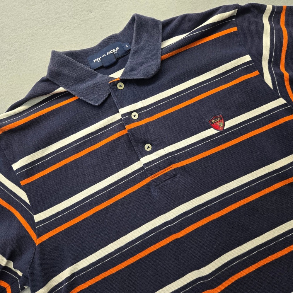 Polo Golf Ralph Lauren Mens Large Navy Orange Striped Cotton Polo Shirt‎ Shield